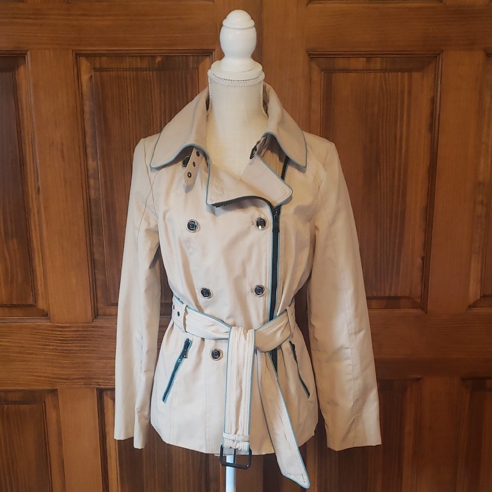 Guess Women's Tan With Aqua Trim Double-Breasted Belted Jacket